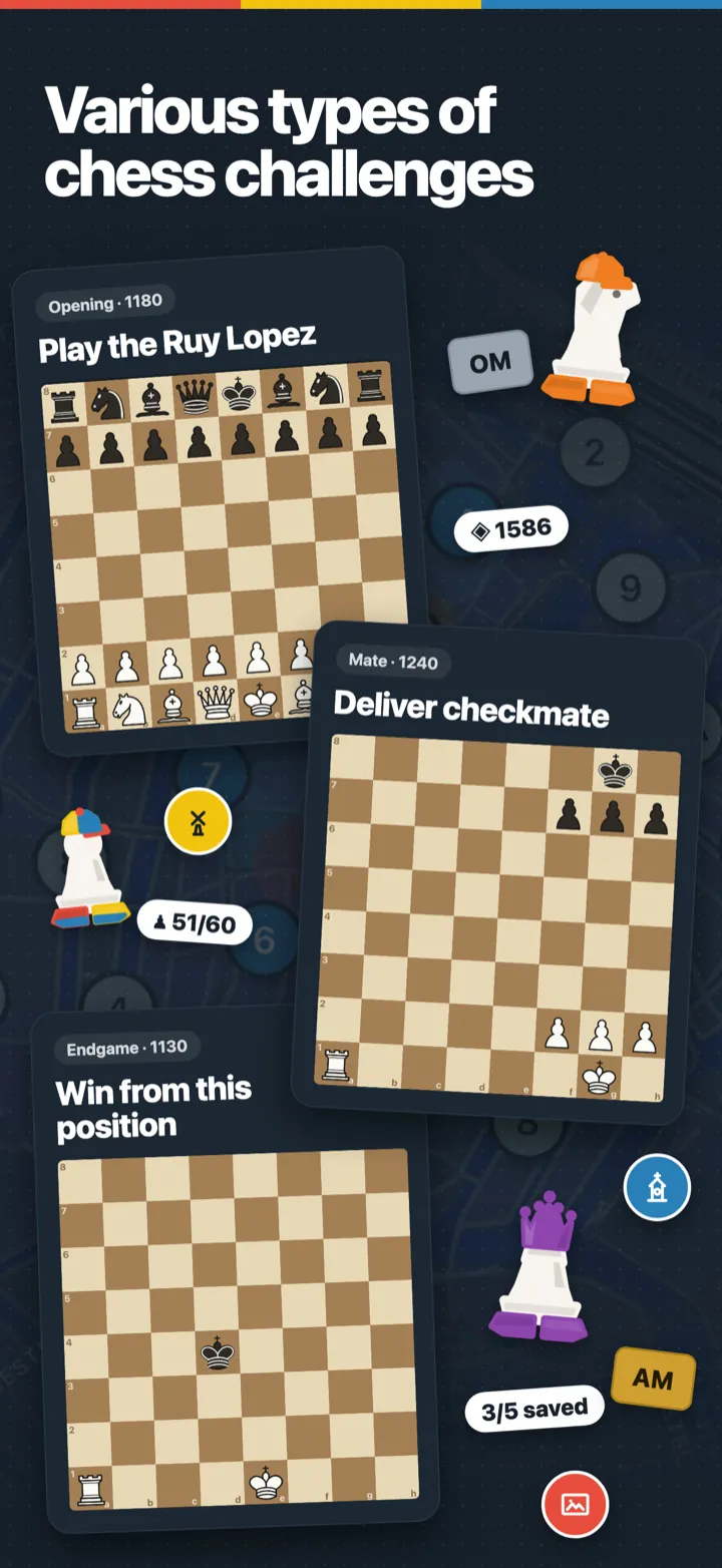 Various types of chess challenges: an opening, a mate and an endgame on the board.