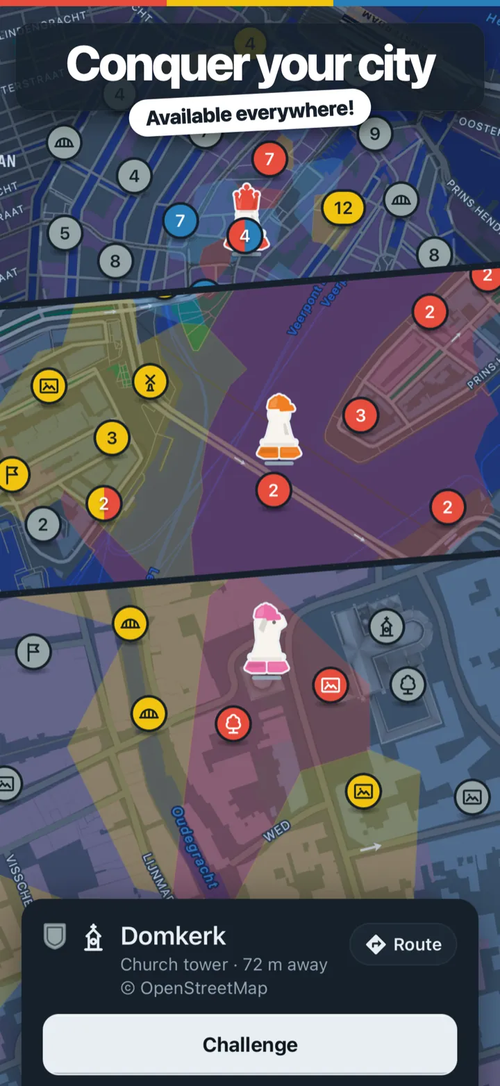 Conquer your city: the map in faction colours, with the Domkerk selected and a Challenge button.