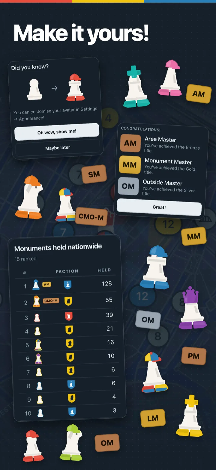Make it yours: avatars in faction colours, the titles you earn and a leaderboard.