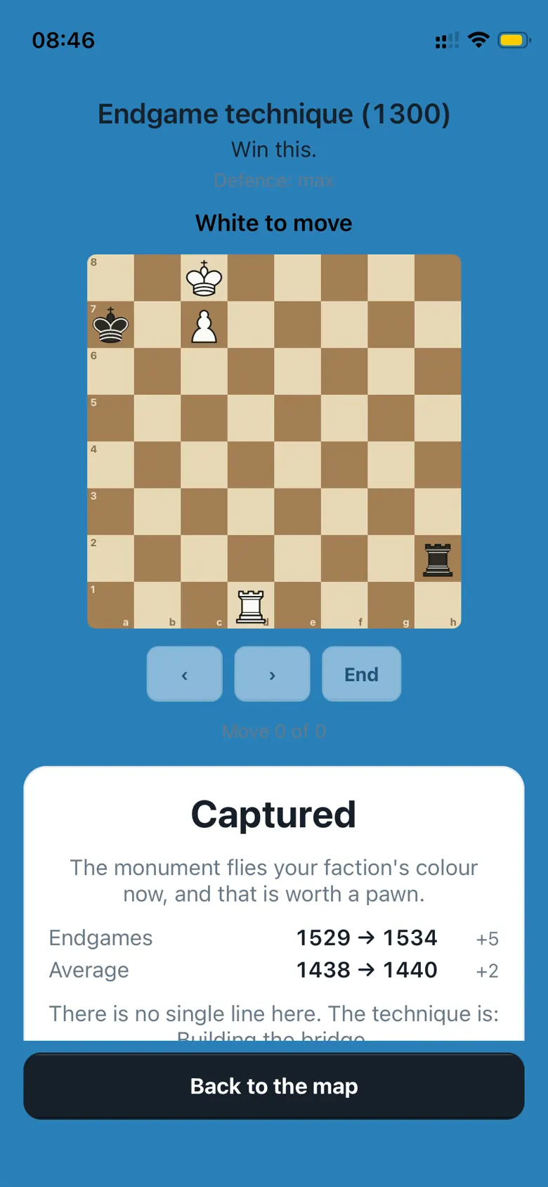 The captured screen, washed in Bishops blue, with the rating change and the pawn.